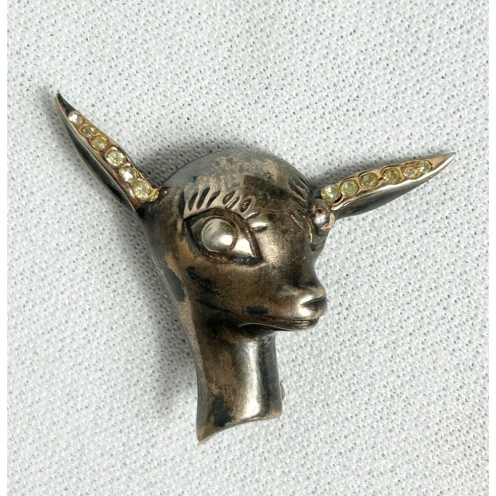 Vintage Silver & Rhinestone Deer Fawn Brooch / Pin